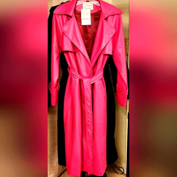 HOT PINK Faux Leather Trench Coat. NEW sz Small - Picture 9 of 10
